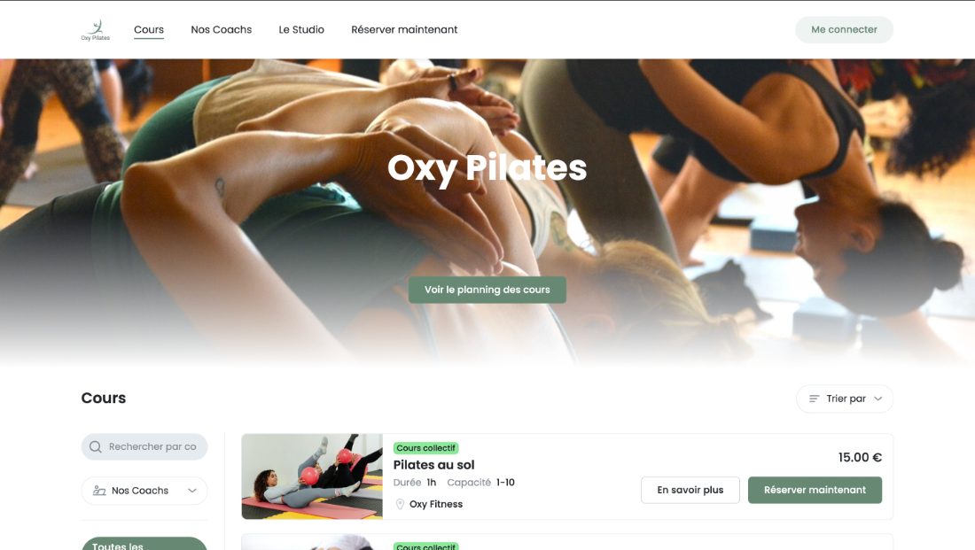Mini site de réservation du studio Oxy Pilates généré par RDV Pro