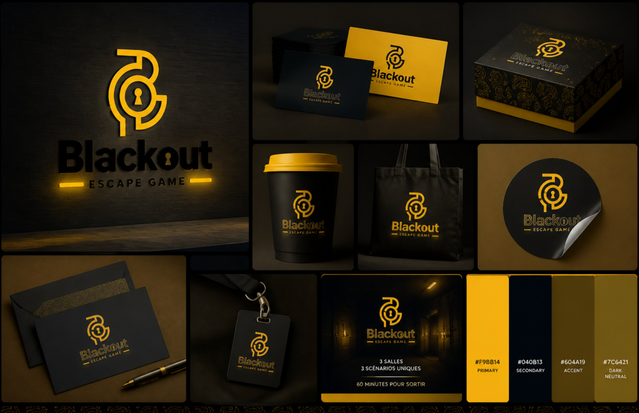Planche d'identité Blackout Escape Game : logo, cartes de visite, packaging, gobelet, tote bag, sticker, enveloppe, badge et palette