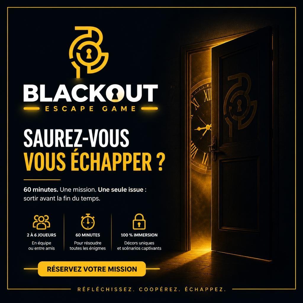 Identité Blackout Escape Game appliquée à un visuel